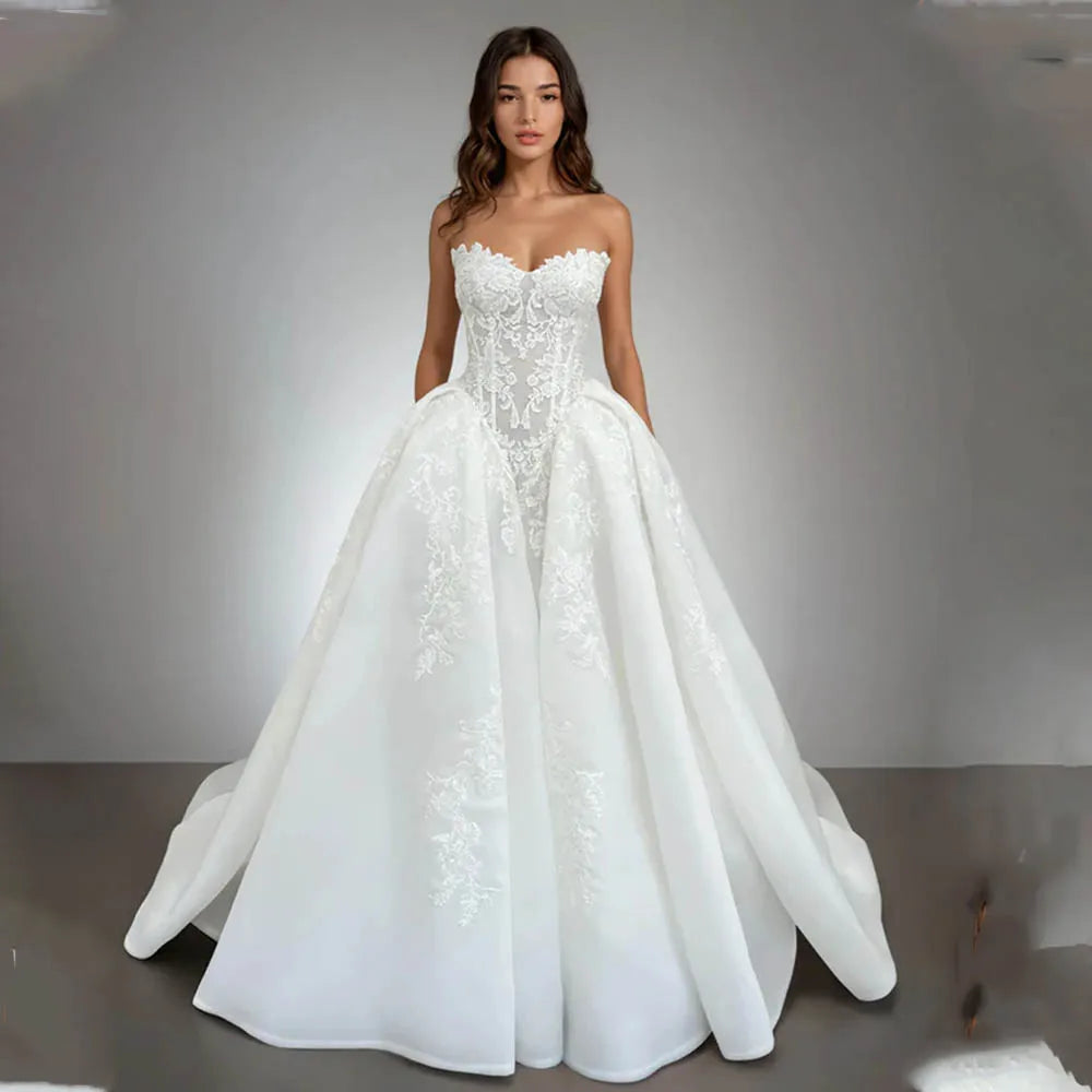 Luxurious Sweetheart Lace Applique Bridal Grown A Line Wedding Dresses Custom Made 2026 Rode De Morrie