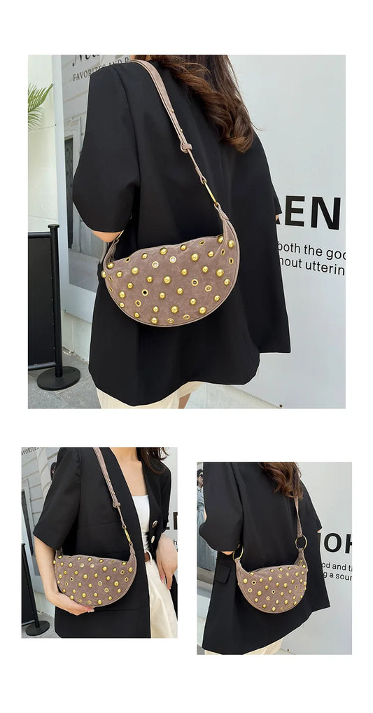 Women's Suede Rivet Designer Crossbody Bag | Premium Faux Suede Shoulder Hobo Purse | Minimalist Solid Color Handbag with Open Pocket | Versatile Four-Seasons Travel Pack Model 20250718HM017 Luxegan