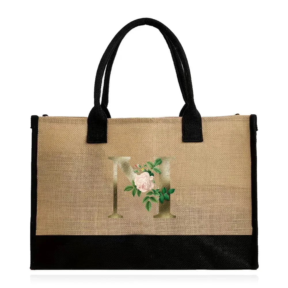 Handmade Jute & Canvas Beach Shopper | Large Capacity Portable Grocery Organizer | Eco-Friendly Woven Women’s Handbag with Golden Flower Pattern Luxegan