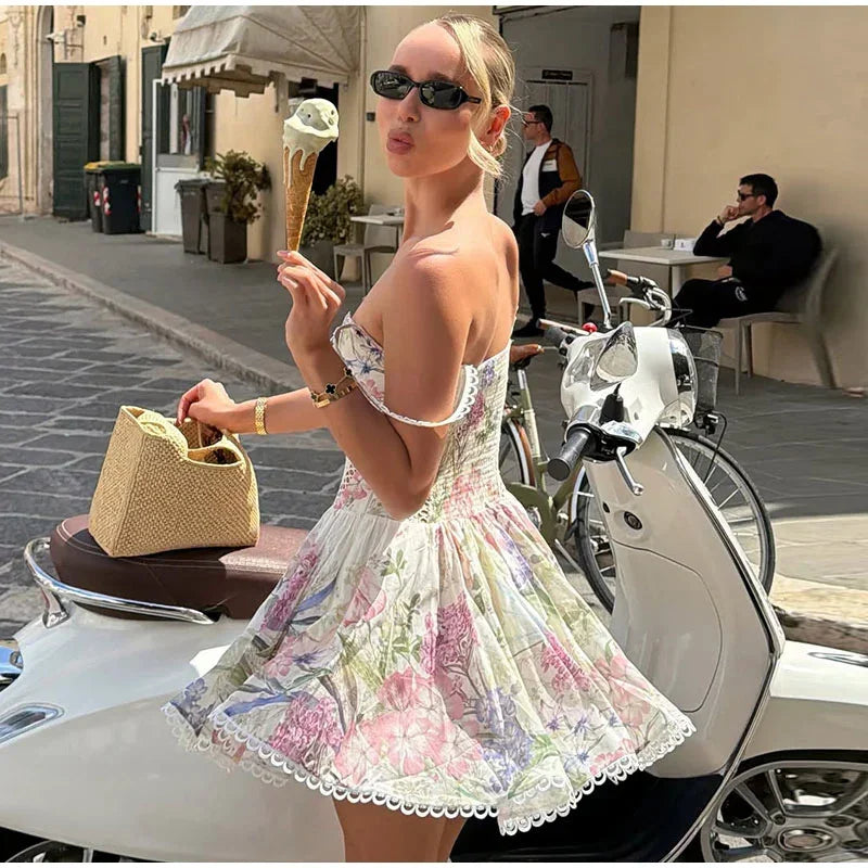 Floral Print Lace Patchwork Mini Dress Sleeveless Flared Hem Waist-cinching Spaghetti Strap Dresses Summer Chic Elegant Gown