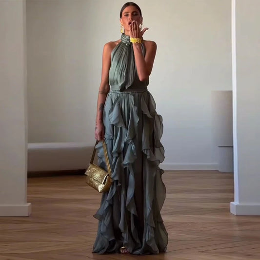 Sexy Cascading Ruffle Pleated Long Dress | Elegant Asymmetrical Neckline Lace-Up Gown | Sleeveless Empire Styling A-Line Maxi Dress | Premium Tatting Slight Stretch Floor-Length Robe Luxegan