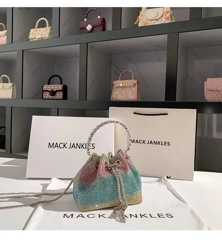 Fashion Metal Ring Handle Bucket Bag | Glitter Shiny Diamond Evening Purse | Luxury Rhinestone Wedding Party Clutch & Crossbody Bag (Model SHRF38) Luxegan