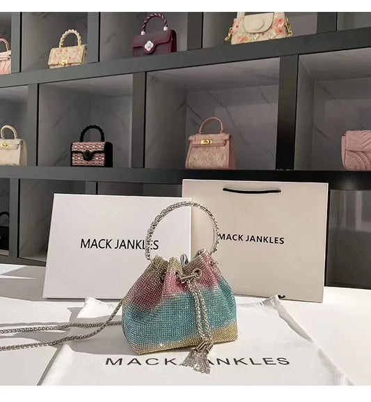 Fashion Metal Ring Handle Bucket Bag | Glitter Shiny Diamond Evening Purse | Luxury Rhinestone Wedding Party Clutch & Crossbody Bag (Model SHRF38) Luxegan