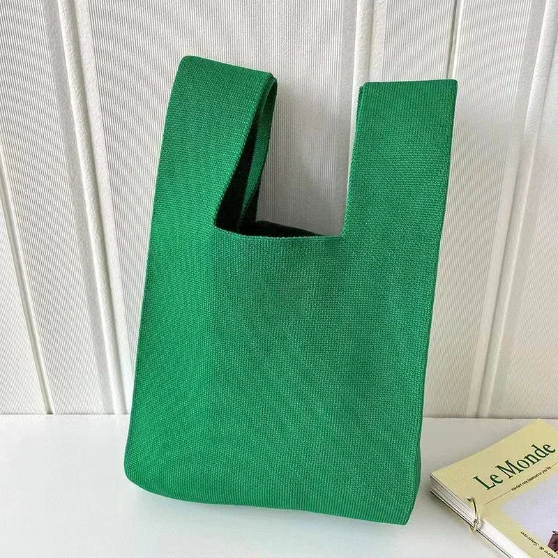 Handmade Knit Knot Wrist-Bag | Sophisticated Color-Striped Casual Tote | Elegant Plaid-Inspired Student Handbag | "Dignified" Soft Polyester Reusable Shopping Bag for Versatile Daily Styling Luxegan