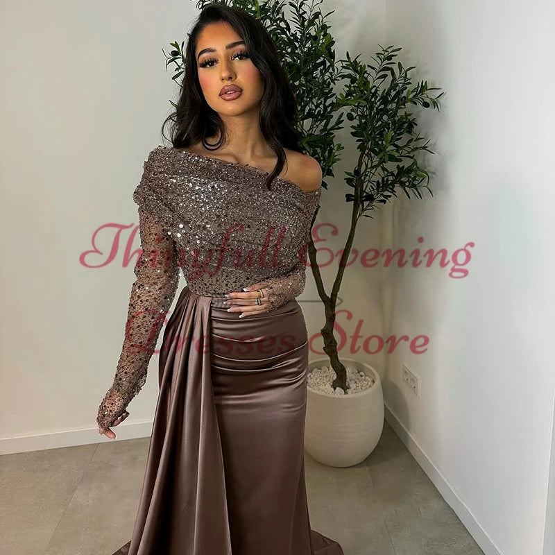 Thinyfull Sexy Mermaid Prom Evening Dresses Saudi Arabia Sequines Long Sleeves Night Party Dress Cocktail Prom Gowns Customized