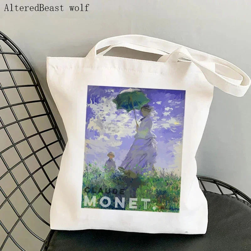 Monet Water Lilies Canvas Shoulder Bag | Sophisticated Kawaii Harajuku Shopping Tote | Elegant Art-Inspired Shopper Handbag | "Dignified" Durable Square Purse for Versatile Daily Styling Luxegan