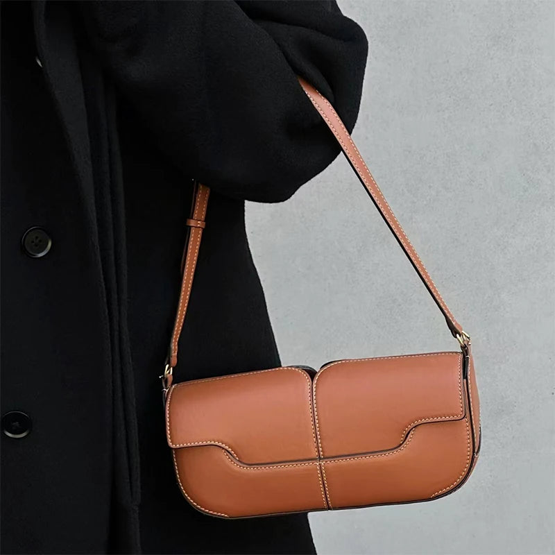 French Chic Compact Horizontal Saddle Bag | Luxury Woman Shoulder Underarm Stick Bag (Classic Long Clutch & Handbag) Luxegan