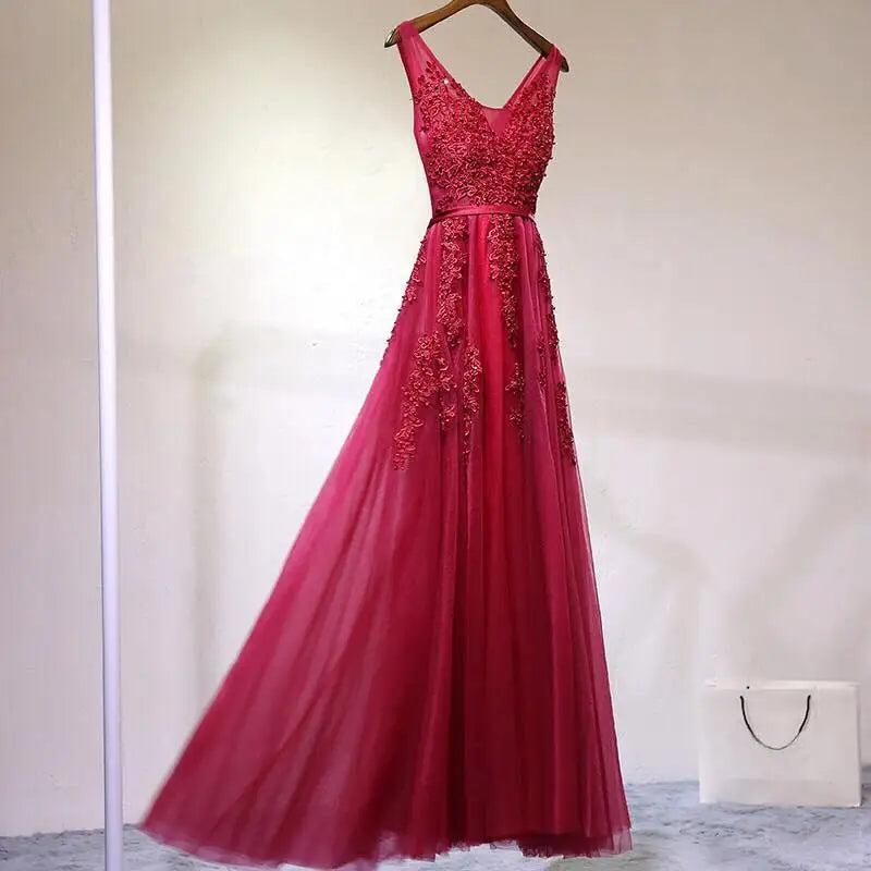 Women's Burgundy Velvet Evening Gown | Lace Appliques Tulle Prom Dress | Sexy V-Neck Backless Formal Party Dress | Premium Knit Sleeveless Floor-Length A-Line Vestido Model CPS304 Luxegan