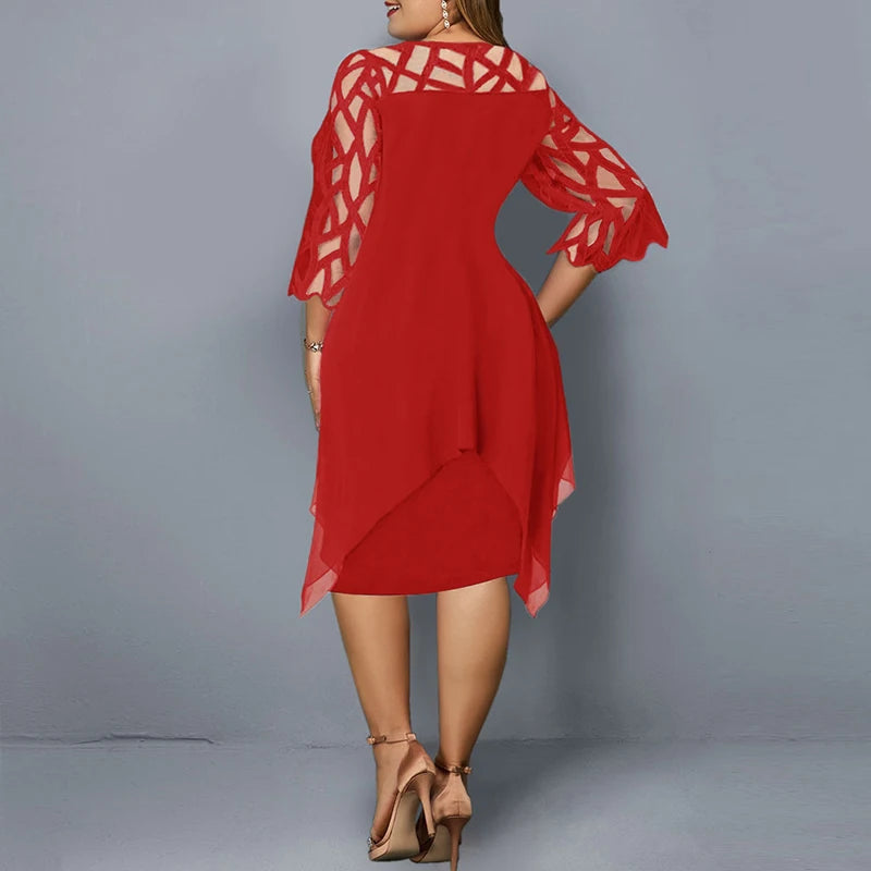 Solid Round Neck Three-Quarter Sleeve Hollow Out Regular Fit Straight Knee-Length Chiffon Dress – Spring/Summer Luxegan