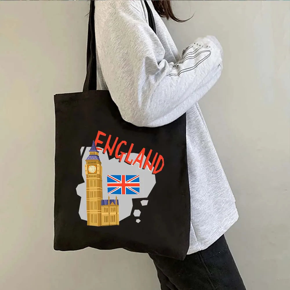London Big Ben England Map Flag Canvas Tote Bag | UK City Landscape Skyline Shoulder Shopping Handbag (Women's Tourist Gift) Luxegan