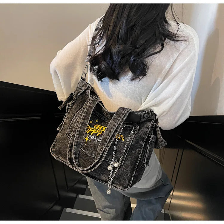 Large Capacity Denim Bag for Women | Casual Versatile Crossbody Commuting Bag | Travel Storage Bucket Handbag Luxegan