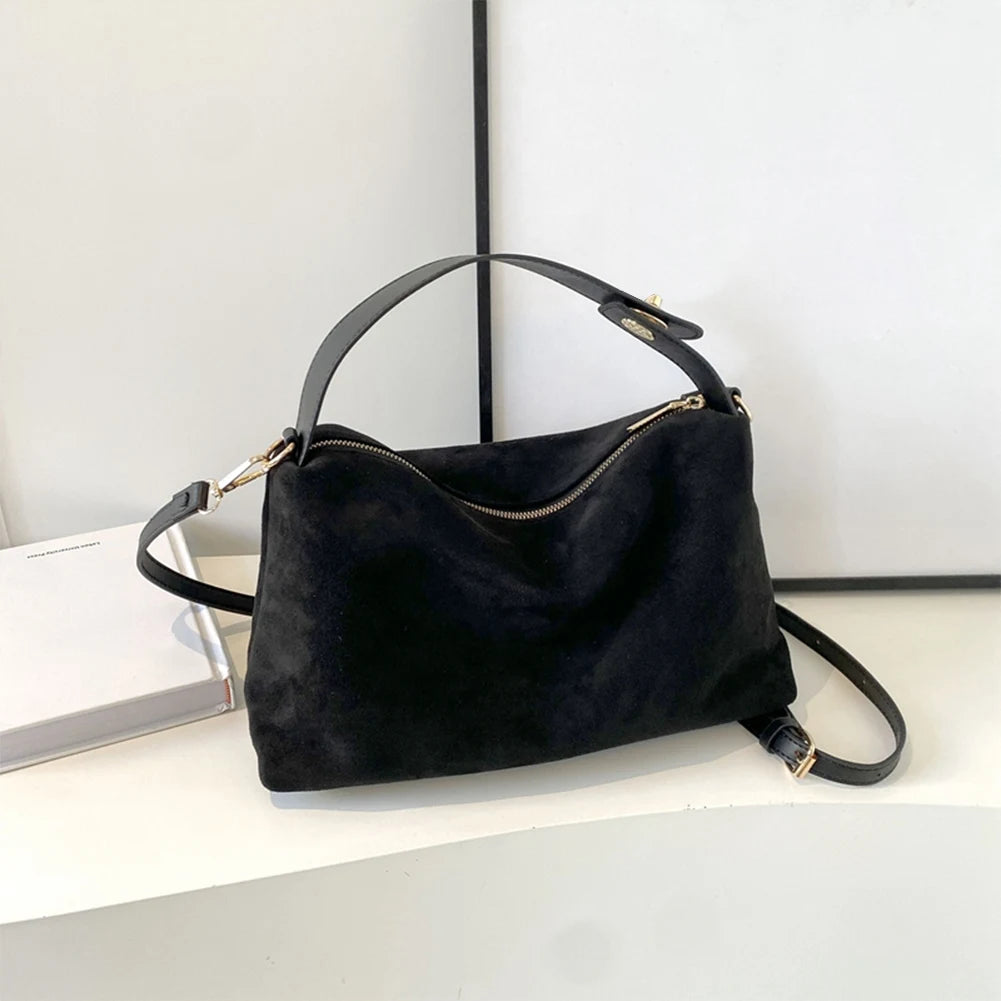 Women’s Big Boston Tote Bag | Soft Matte Faux Suede Messenger Handbag | Trendy Autumn/Winter Shoulder & Crossbody Bag | Large Capacity Satchel in Grey and Brown Luxegan