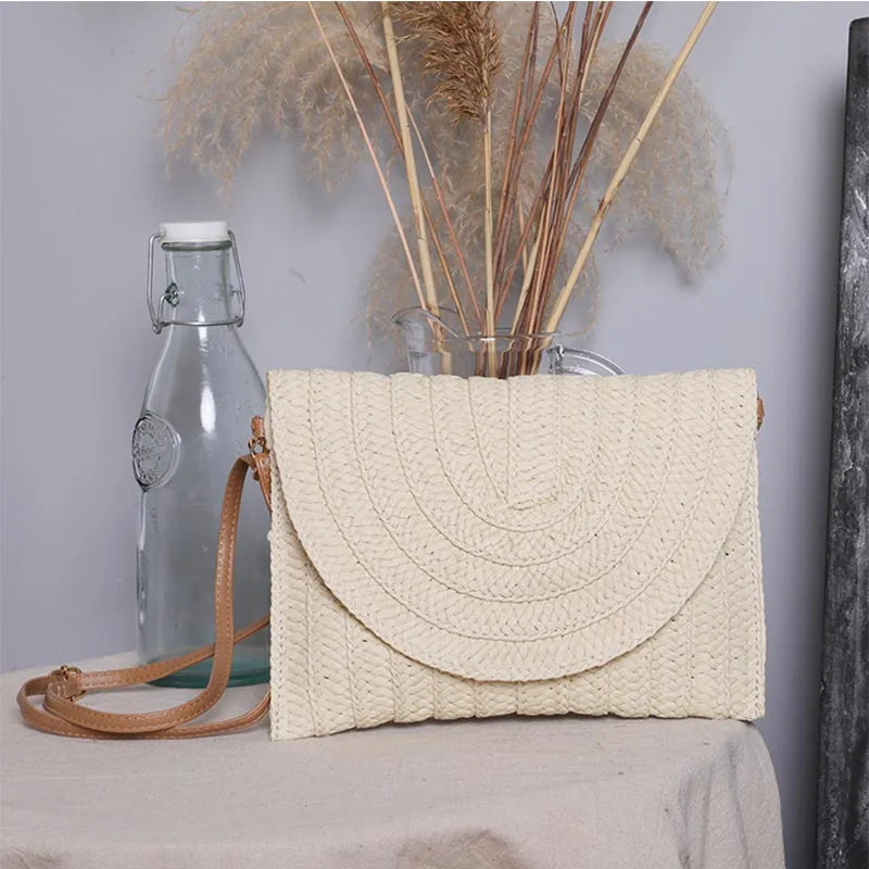 Bolsos de playa de verano para mujer Bolso bandolera de paja hecho a mano con sobre Bolso de hombro trenzado