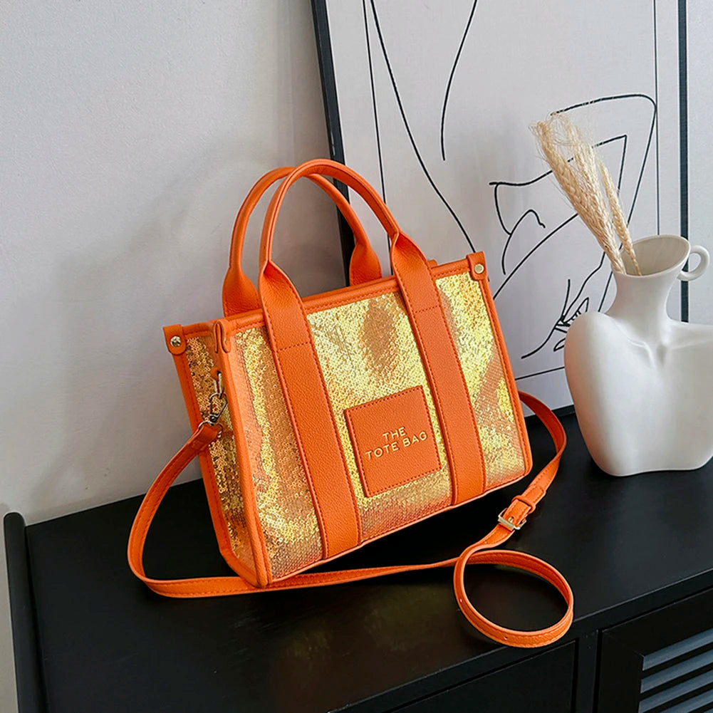 Women’s Shiny Sequin Shoulder Bag | Fashionable PU Leather Top-Handle Tote | Casual Portable Shopper with Adjustable Straps Luxegan