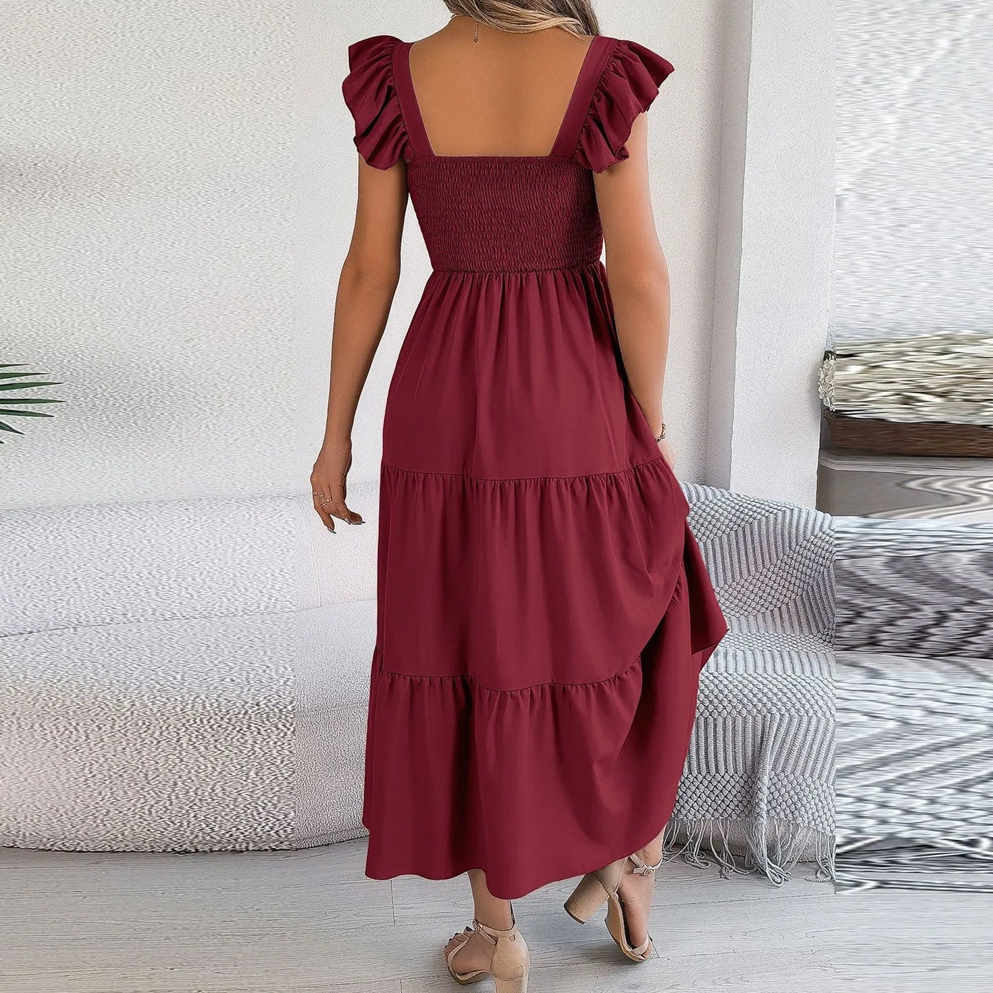Solid Sleeveless Backless Pleated Maxi Dress | Square Neck A-Line Beach & Casual Dress Luxegan