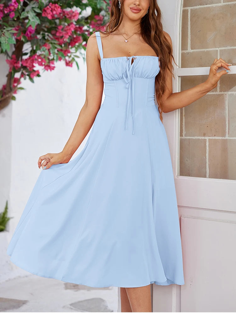 Summer Sweet Solid Camisole Long Dress | Elegant Padded Boned Party Robe | Sleeveless Square-Neck Medium-Stretch Fit & Flare Midi Dress Luxegan