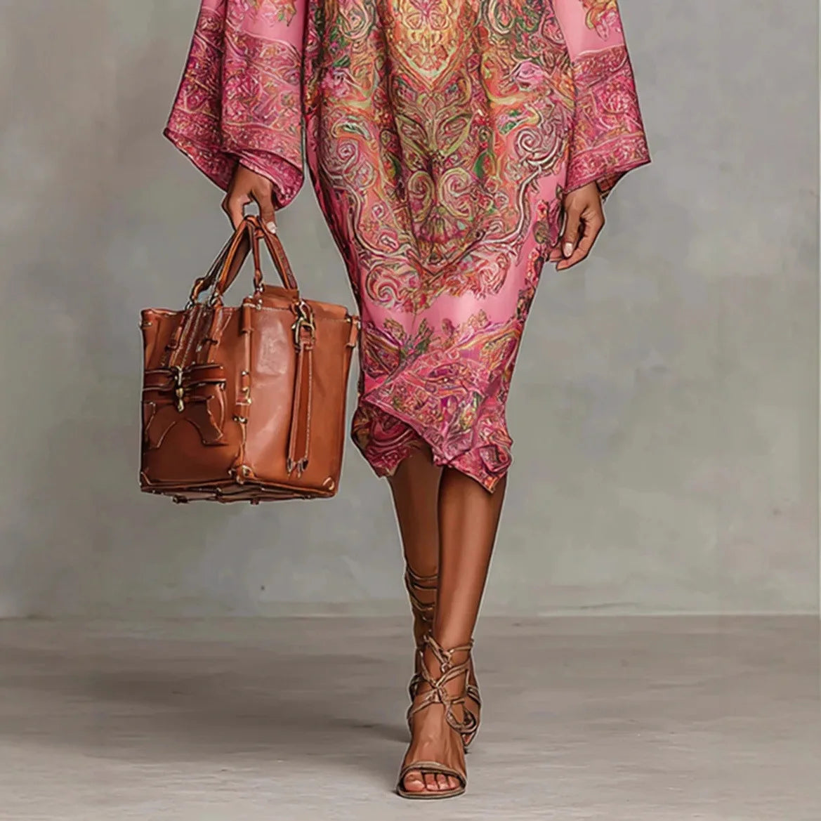 Women's Geometric Print Flare Sleeve Maxi DressLuxegan