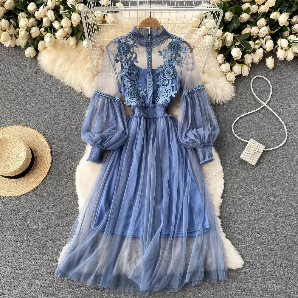 Ladies' Lace Midi Dress – Stand Collar, Lantern Sleeve, Beaded Floral Detail Luxegan
