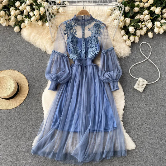 Ladies' Lace Midi Dress – Stand Collar, Lantern Sleeve, Beaded Floral Detail Luxegan
