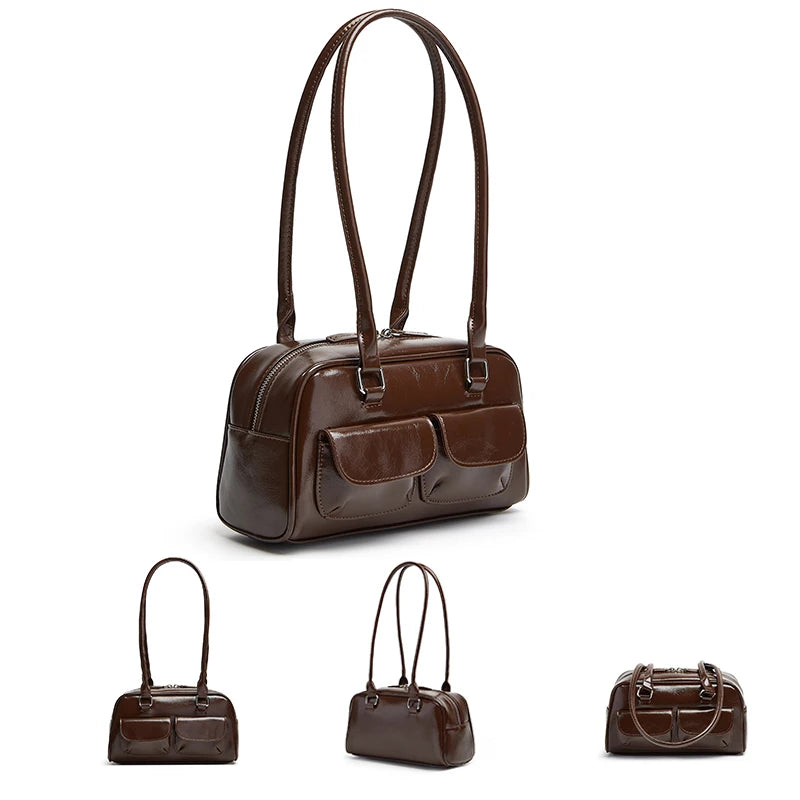 Oil Wax Leather Bowling Bag | Multi-Pocket Shoulder Handbag Luxegan