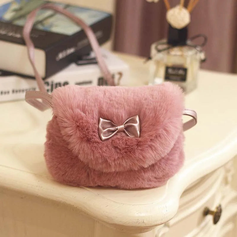 Children's Winter Plush Faux Fur Shoulder Bag | Princess Girl’s Soft Messenger Bag | Kids' Fashion Animal Print Handbag | Cozy Cotton-Lined Mini Backpack & Coin Purse Luxegan