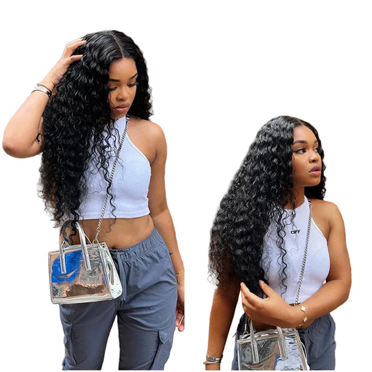 Water Wave Glueless Wear-and-Go Human Hair Wig - 6x4 Pre-Cut Transparent Lace Closure Wig - 180% Density Natural Black Curly Brazilian Remy Hair Long Wig for Women (20-30 Inch) Luxegan