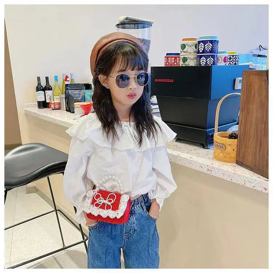 Luxury Pearl Handle Children’s Mini Shoulder Bag | Sweet Bow & Flower Girl Messenger Bag | Fashion Square Shell Purse for Girls (Model z122711) Luxegan 