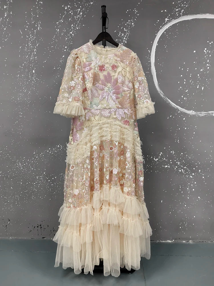 Round Neck Half Sleeve Embroidery Detail Slim Fit A-Line Ankle-Length Dress – Natural Waist, All Season Luxegan