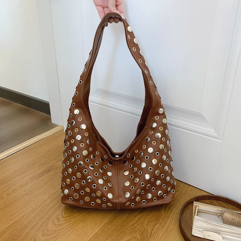 Luxury Designer Punk Rivet Shoulder Bag | Vintage Classic Motorcycle Casual Tote | Premium PU Leather Large-Capacity Handbag | Versatile Four-Seasons Fashion Bag with Polyester Lining Luxegan