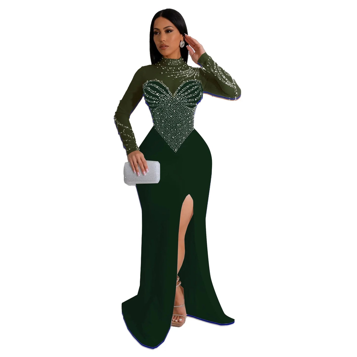 Women's Rhinestone Long Sleeve High Split Mermaid Maxi Dress Luxegan