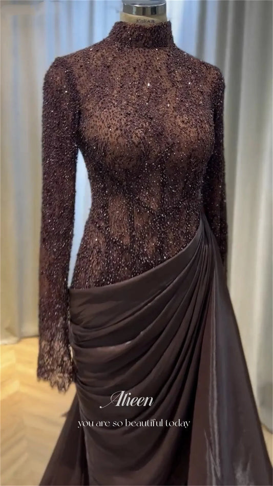 Classic Brown Satin Mermaid Evening Dress | Luxurious O-Neck Full Sleeve Prom Gown | Premium Floor-Length Dress for Special Occasions | Custom Made Non-Woven Trumpet Party Gown Luxegan