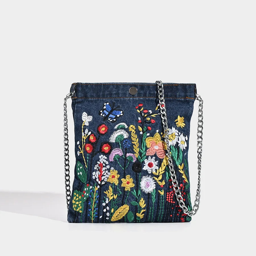 Embroidered Flowers Cowboy Shoulder Bag | Fashion Chain Ladies' Messenger Bag & Denim Handbag Luxegan