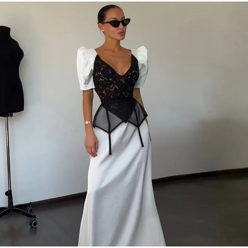 Organza Floral Printed Maxi Dress V-Neck  Puff Sleeve 2026 Spring/Summer Romantic Women Party Gown Fashion Elegant Lady Vestidos