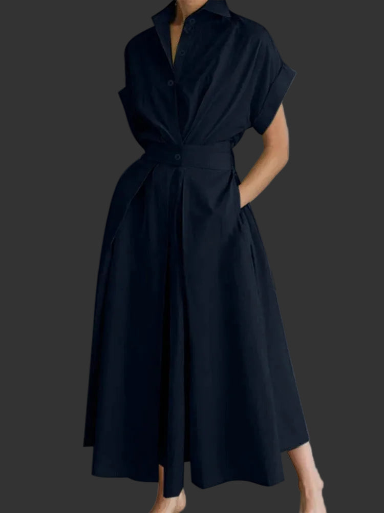 Button-Down Collar Midi Dress | Short Sleeve A-Line Office Sundress with Pockets Luxegan