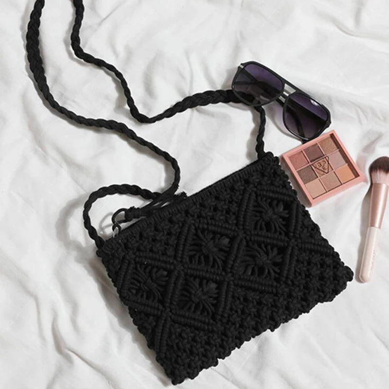 Summer Hollow-Knit Straw Bag | Sophisticated Tassel-Decorated Shoulder Messenger | Elegant Beach Travel Crossbody | "Dignified" Soft Cotton-Rope Pouch for Versatile Vacation Styling Luxegan