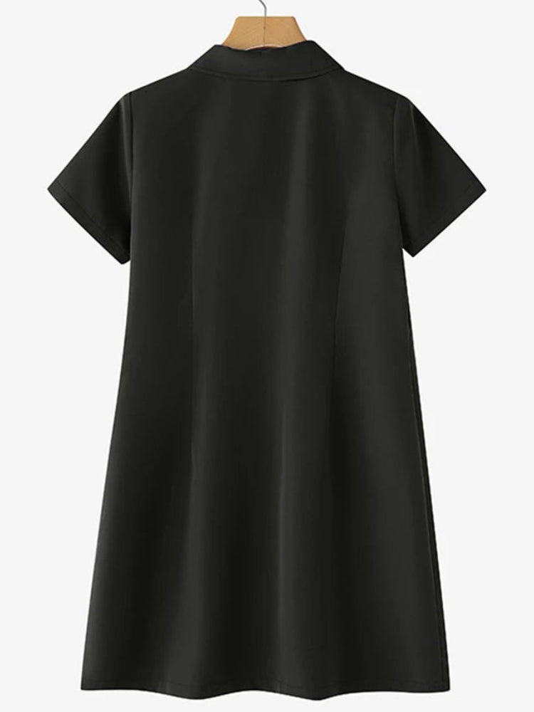Lapel Collar Shirt Mini Dress | Short Sleeve A-Line Shirtdress with Pockets Luxegan