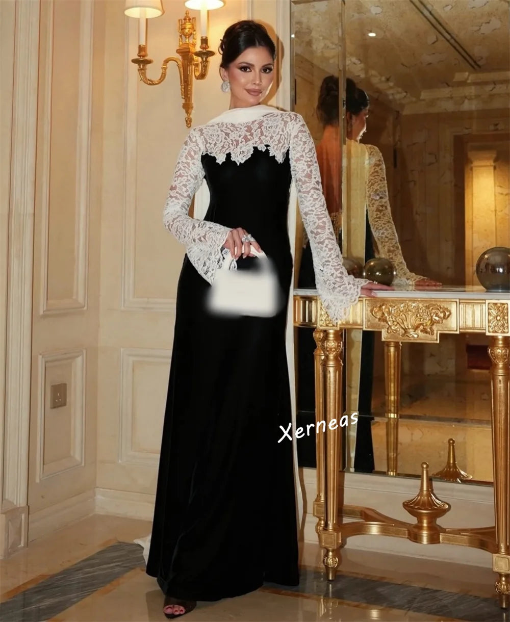 Elegant Shawl Backless Evening Gown | Bespoke Occasion Trumpet Long Dress | Full-Sleeve O-Neck Lace Pleated Floor-Length Formal Wedding Gown Luxegan
