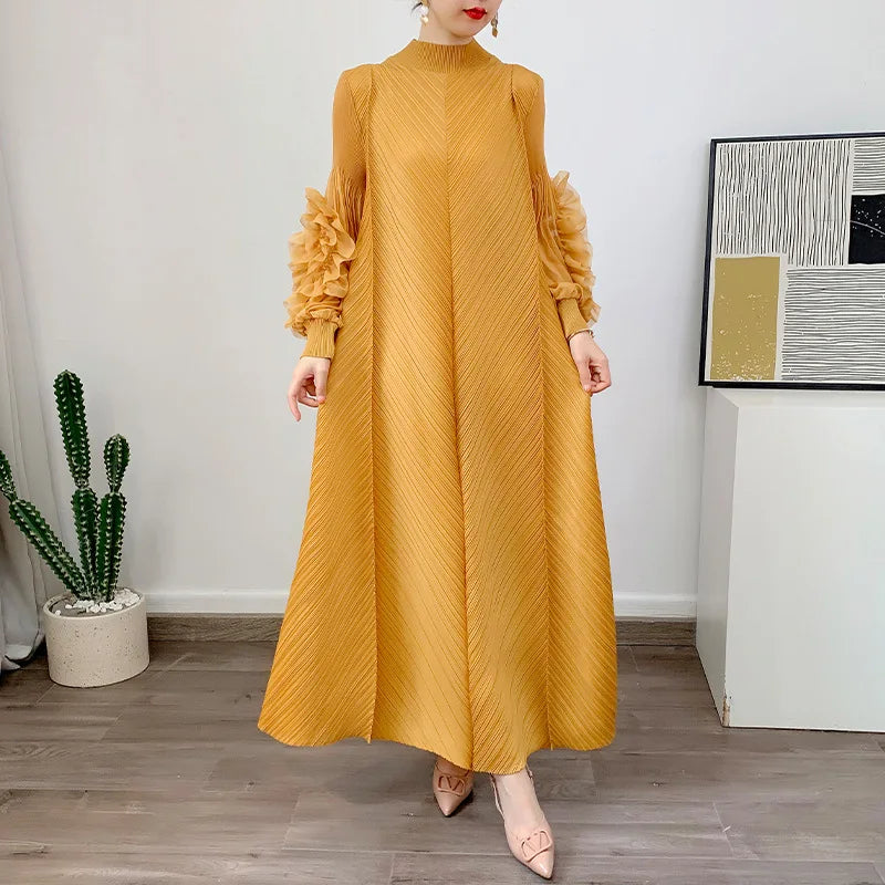 Solid Round Neck Long Sleeve Knotted Flower Trim Loose Fit Mid-Calf Dress – Natural Waist, Summer Luxegan