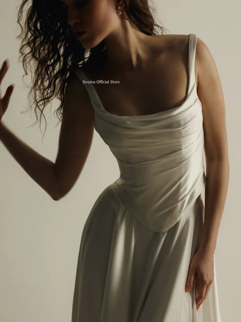 Elegant Lustrous Satin A-Line Wedding Dress | Simple Spaghetti Strap Square Neck Bridal Gown | Classic Pleated Floor-Length Bride Dress | Model M1-250707-10 Custom Lace-Up Gown Luxegan