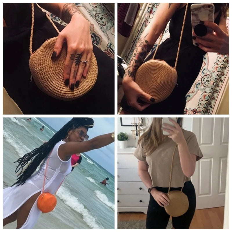 Round Straw Bag | Women's Woven Beach Crossbody Bag & Handmade Knitted Small Handbag Luxegan