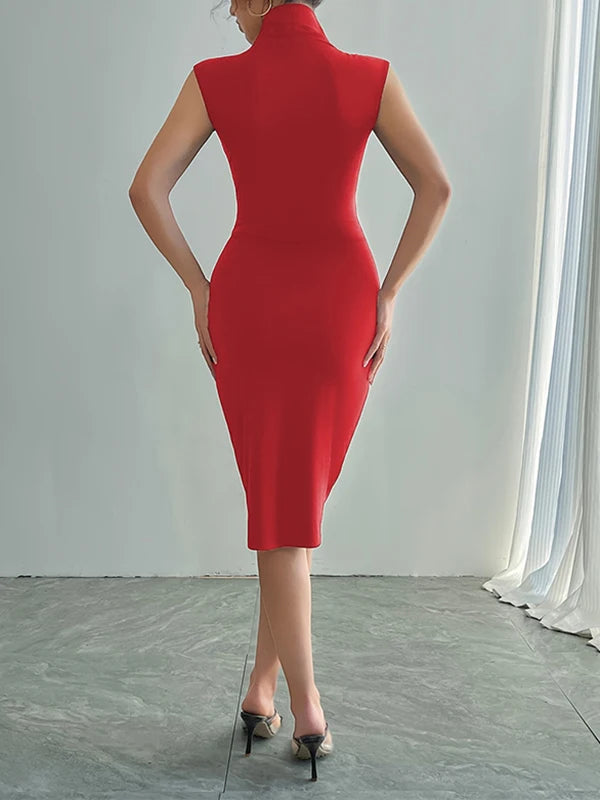 Solid Color Bodycon Midi Dress | Sophisticated V-Neck Sleeveless Silhouette | Elegant "High-Waist" Summer Party Dress | "Dignified" Sheath Profile for Radiant Versatile Styling Luxgan