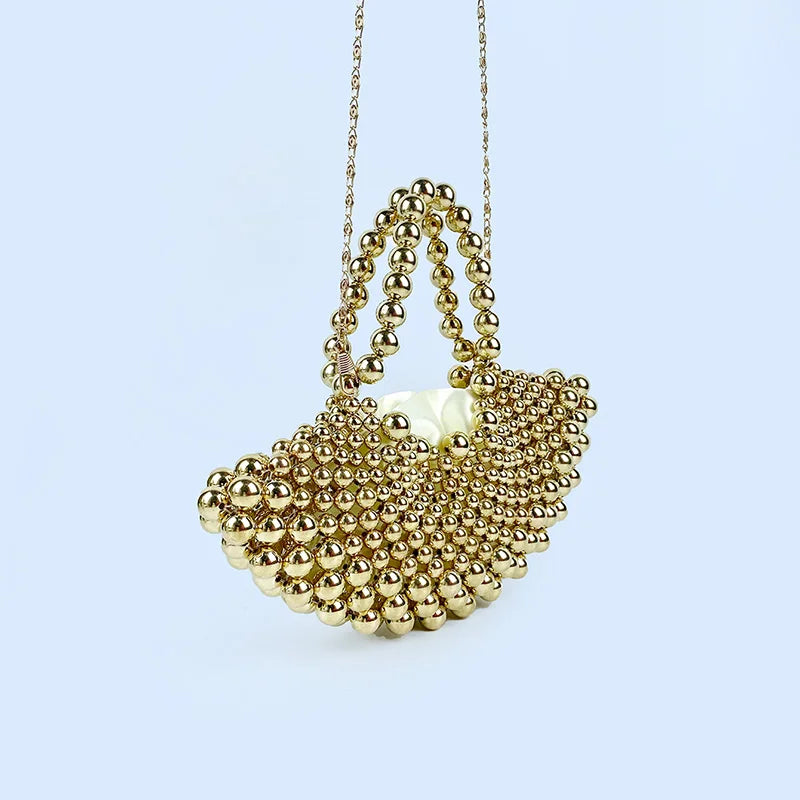Summer Haute Couture Niche Fan-Shaped Beaded Bag | New Handmade Hollow Pearl Crossbody | Elegant ABS Pearl Hobo & Evening Handbag Luxegan
