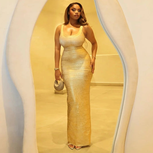 Hot Stamping Bandage Maxi Dress | Spaghetti Strap Backless Sheath Celebrity Party Dress Luxegan