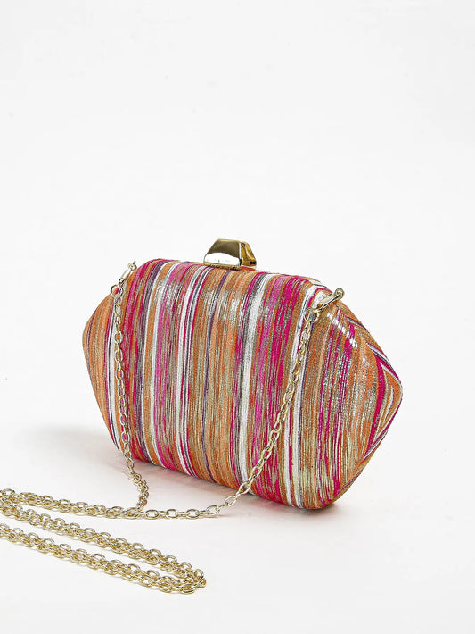 Colorful Stripe Sparkling Clutch Bag | Fashionable Rainbow Design Crossbody Purse | Sparkling Multi-Color Party Handbag | Trendy Striped Evening Bag with Chain Strap Luxegan