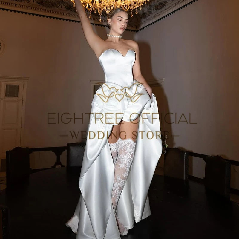 Modern Sweetheart A-Line Wedding Dress | Glamorous High-Low Satin Bridal Gown | Custom Made Boho Beach Vestidos De Novia with Sweep Train | Vintage Model R20241227-7 Zipper Back Masterpiece Luxegan