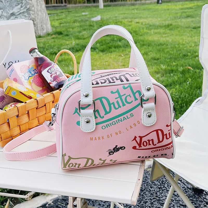 PU Contrast Color Shell Bag | Trendy Letter Print Shoulder & Crossbody Handbag Luxegan