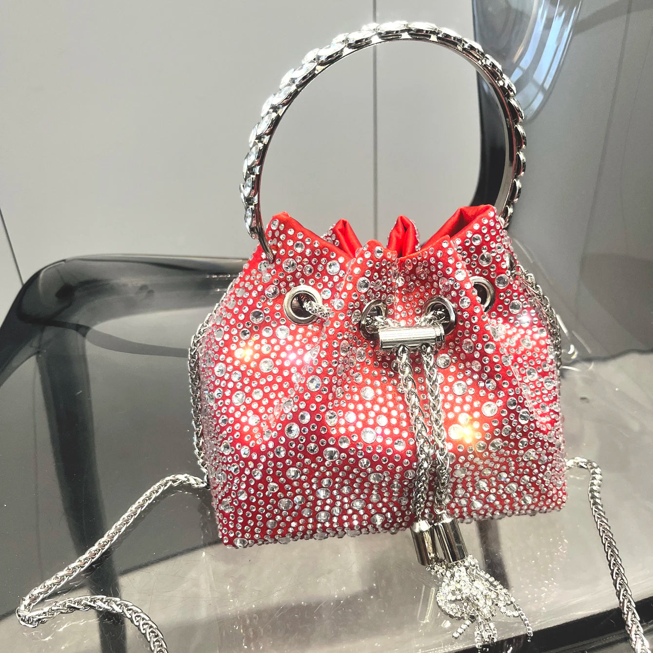 Luxury Designer Rhinestone Evening Clutch | Shiny Crystal Bucket Handbag & Fashion Shoulder Bag Luxegan