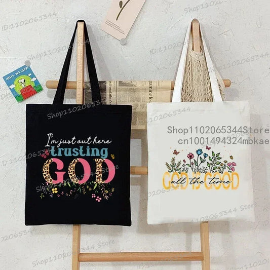 "God Is Good" Print Women Canvas Tote Bag | Christianity Religious Belief Fashion Shopping Bag | Vintage Floral Shoulder Handbags Luxegan