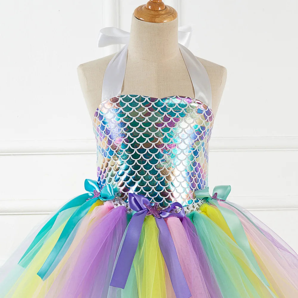Kids Girls Cosplay Party Dress Princess Dress Up Mermaid Tulle Tutu Dresses Theme Birthday Party Costume with Flower Headband