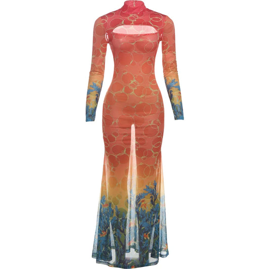 See-Through Hollow Out Print Fishtail Bodycon Maxi Dress | Skinny Stretch Sexy Club Party Dress Luxegan